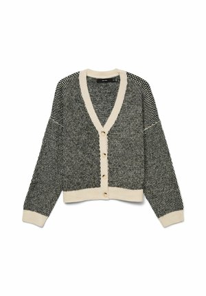 Cardigan tricoté en noir et blanc, avec un col en V, des manches longues, cinq boutons et un liseré crème contrastant aux poignets et à l'ourlet.