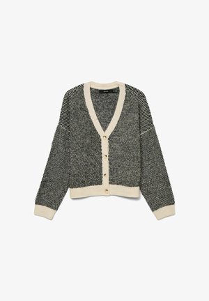 Gestickte Strickjacke in Schwarz und Weiß mit V-Ausschnitt, langen Ärmeln, fünf Knöpfen und kontrastierenden cremfarbenen Abschlüssen an den Ärmelbündchen und am Saum.