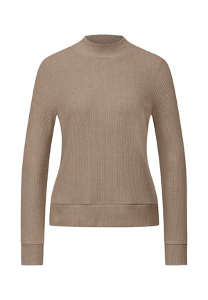 Jersey de canalé color canela con mangas largas, cuello alto y dobladillo curvo, que presenta una textura suave y un diseño minimalista.