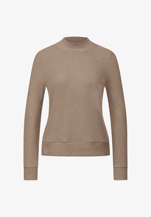 Jersey de canalé color canela con mangas largas, cuello alto y dobladillo curvo, que presenta una textura suave y un diseño minimalista.