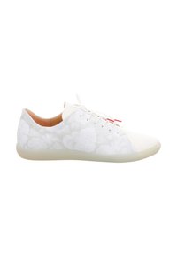 Weiße Sneakers mit floralem Muster, runder Spitze, weichen weißen Schnürsenkeln und transparentem Gummisohle, ausgestattet mit einem Low-Top-Design und dezenten Akzenten.