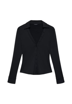 Black long-sleeve fitted blouse with collar and button-down front closure, slightly flared hem, and cuffs on sleeves.