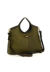 Borsa a mano in pelle verde con una forma strutturata, dotata di due manici, una tracolla removibile e dettagli e cuciture in un marrone scuro contrastante.