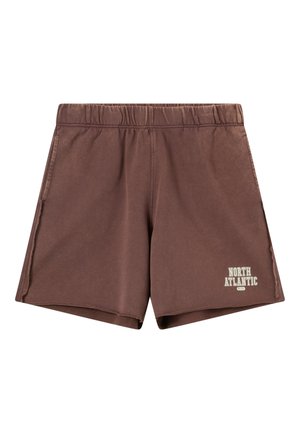 Brązowe szorty z elastycznym pasem, bocznymi kieszeniami i napisem „North Atlantic” na dolnej lewej nogawce.