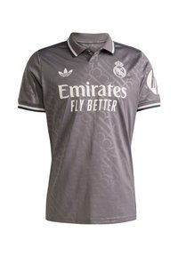 Polo grigio con un motivo sottile, logo "Emirates Fly Better" bianco e due strisce sul colletto e sulle maniche. Realizzato in tessuto leggero.