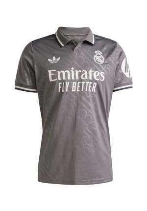 Graues Poloshirt mit dezentem Muster, weißem "Emirates Fly Better"-Logo und zwei Streifen am Kragen und den Ärmeln. Hergestellt aus leichtem Stoff.