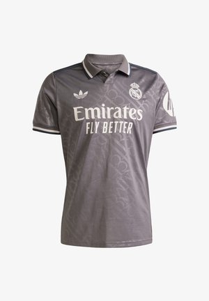 Gray polo shirt featuring a subtle pattern, white "Emirates Fly Better" logo, and two stripes on the collar and sleeves. Made of lightweight fabric.