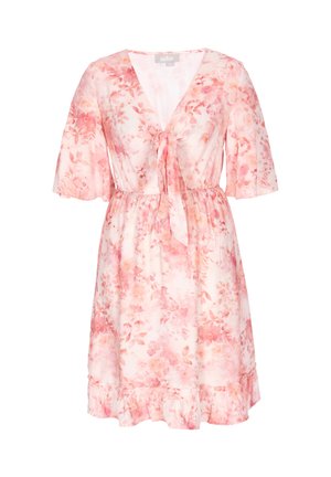 Lyserød blomsterkjole med V-hals, korte flagrende ærmer, bindedetalje foran, elastisk talje og flæsekant.