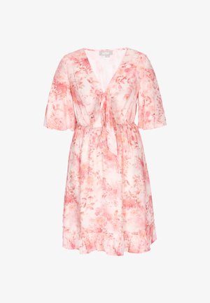Lyserød blomsterkjole med V-hals, korte flagrende ærmer, bindedetalje foran, elastisk talje og flæsekant.