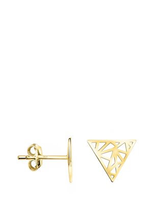Boucles d'oreilles clous triangulaires en or avec motif découpé géométrique, vues de face et de côté.