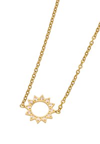 Aranyszínű nyaklánc nap alakú medállal, amelynek közepén egy kör található, amit nyolc csúcs vesz körül, apró világos kristályokkal díszítve.