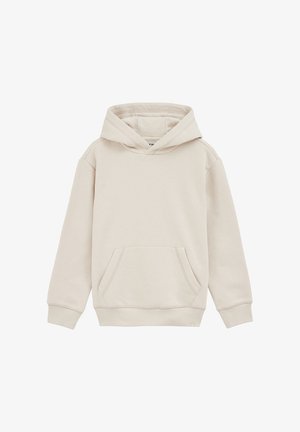 Bežs kokvilnas kapucis ar priekšējo kangarū kabatu, regulējamu kapuci un ribotām piedurknēm un apakšmalu. Mīksta tekstūra un ikdienišķs dizains.