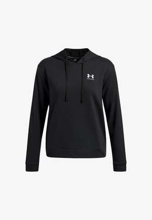 Sudadera negra de manga larga hecha de tejido suave, con capucha ajustable, puños acanalados y un pequeño logo blanco en el pecho.