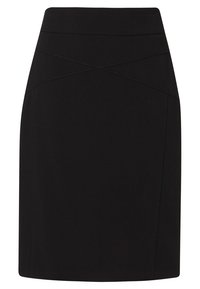 Schwarzer Bleistiftrock mit glatter Textur, hoher Taille, diagonalen Nahtakzenten und schlankem Schnitt.