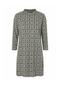 Langärmliges Kleid aus grauem Stoff mit geometrischem Muster in Creme. Hoher Ausschnitt, gerader Schnitt und weiche Textur.