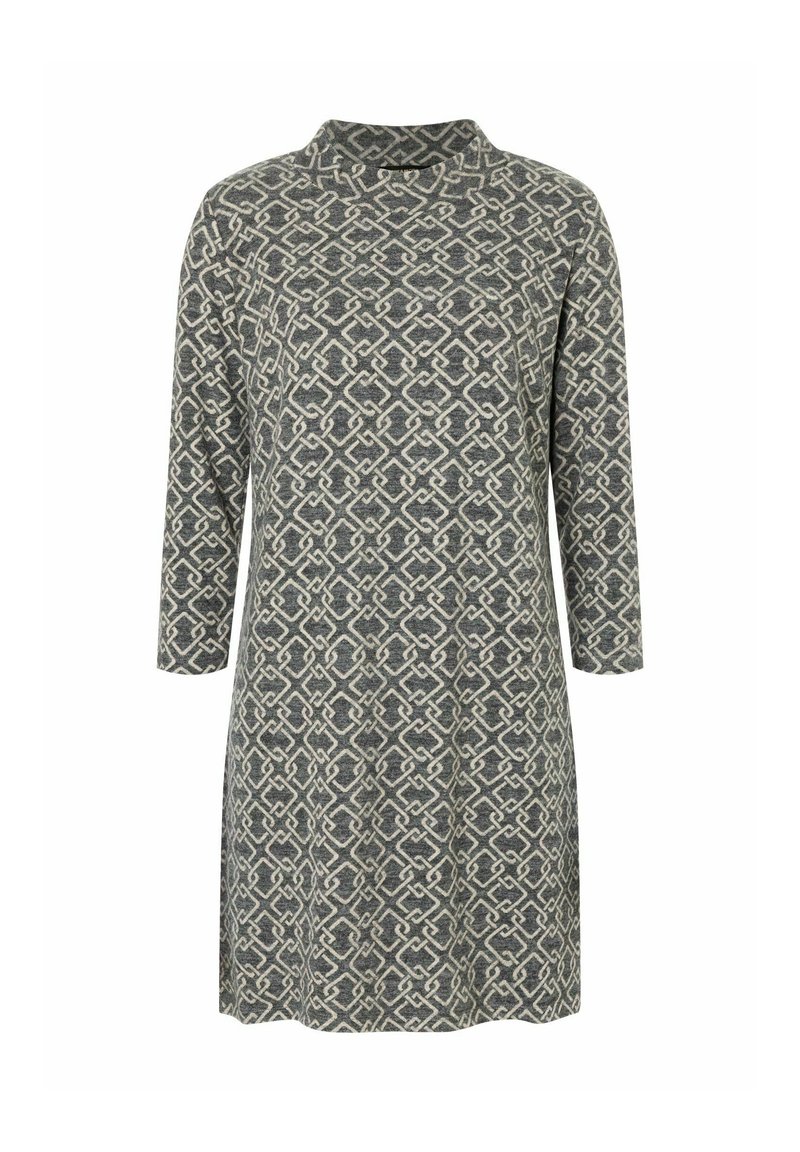 Langärmliges Kleid aus grauem Stoff mit geometrischem Muster in Creme. Hoher Ausschnitt, gerader Schnitt und weiche Textur.