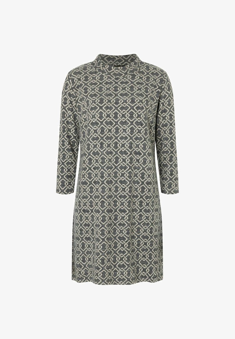 Langärmliges Kleid aus grauem Stoff mit geometrischem Muster in Creme. Hoher Ausschnitt, gerader Schnitt und weiche Textur.