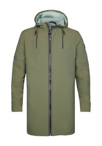 Olijfgroene waterdichte jas met een capuchon, ritsluiting, trekkoorden en een lichtblauwe voering. Bevat zijzakken en een gestructureerde stof.