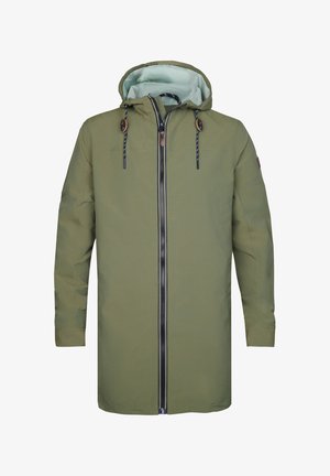 Olijfgroene waterdichte jas met een capuchon, ritsluiting, trekkoorden en een lichtblauwe voering. Bevat zijzakken en een gestructureerde stof.
