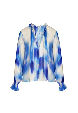 Blusa a manica lunga in tessuto trasparente con motivo astratto blu e bianco, colletto e polsini arricciati e chiusura frontale con bottoni.
