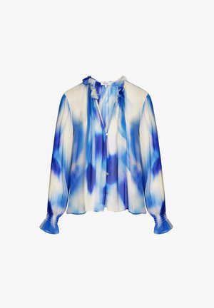 Blouse transparente à manches longues avec motif abstrait bleu et blanc, col et poignets à volants, et fermeture à boutons sur le devant.