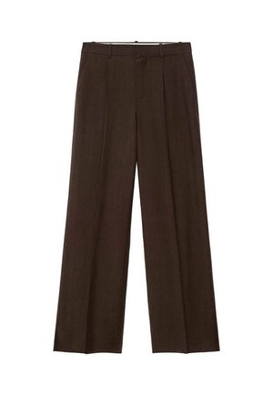 Pantalon marron sur mesure avec passants de ceinture et plis sur le devant, coupe droite, posé à plat sur un fond blanc.