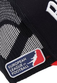 Black cap with mesh back, featuring a red and navy logo patch that says "EUROPEAN LEAGUE OF FOOTBALL." Structured shape, textile texture.
