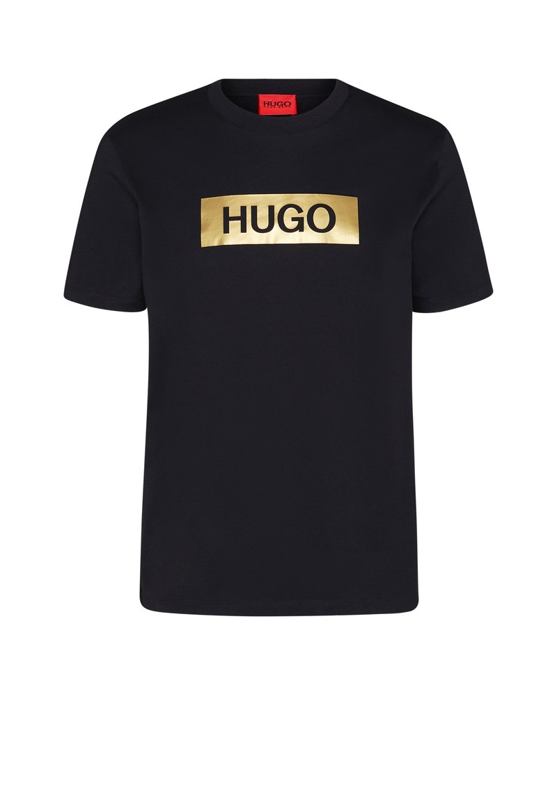 Sort bomulds T-shirt med et guld rektangulært "HUGO" logo på forsiden. Klassisk rund halslinning med korte ærmer.
