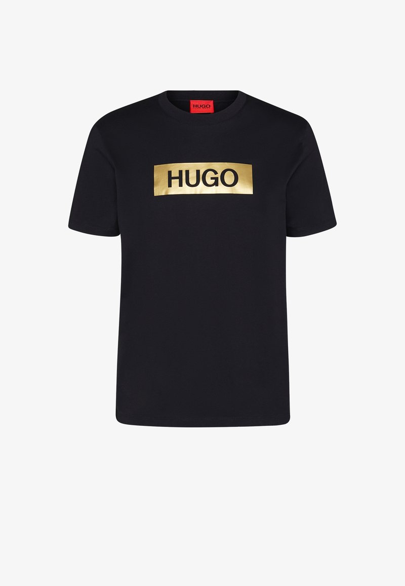 Sort bomulds T-shirt med et guld rektangulært "HUGO" logo på forsiden. Klassisk rund halslinning med korte ærmer.