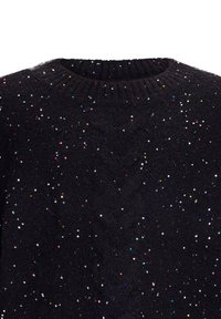 Schwarzer Pullover mit geripptem Kragen und verstreuten, mehrfarbigen Pailletten. Strukturierter Strickstoff mit einem weichen, flauschigen Aussehen.