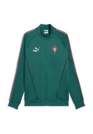 Veste de sport zippée bleu canard avec logo Puma, inscription "KING" et écusson de football du Portugal, avec des bandes à motifs le long des manches.