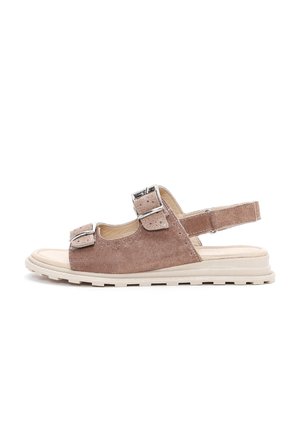 Two-tone brown suede sandal with two adjustable buckles, open toe, slingback design, and a white rubber sole with traction.