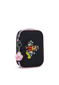 Black fabric pencil case with a pink zipper and plush keychain, featuring an embroidered design of three characters on the front.