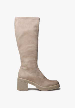 Knee-high beige suede boot with a chunky textured heel and platform sole, featuring a smooth finish and simple design.