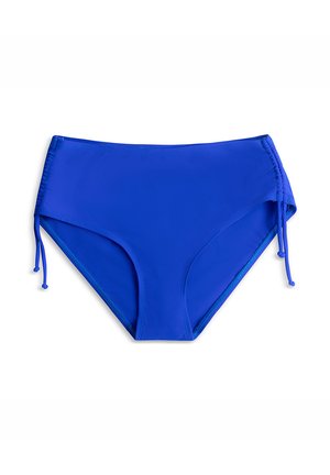 Niebieskie bikini z wysokim stanem, z regulowanymi wiązaniami po bokach i gładkim materiałem, pokazane na białym tle.