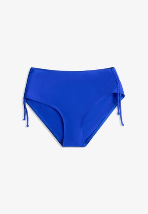 Niebieskie bikini z wysokim stanem, z regulowanymi wiązaniami po bokach i gładkim materiałem, pokazane na białym tle.