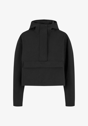 Black cropped jacket with a hood, featuring a front pocket and a snap closure. Made of smooth fabric with a minimalist design.