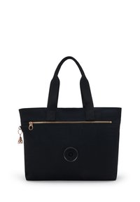 Borsa a tracolla nera in tessuto con due manici, una parte superiore con zip e un patch rotondo del logo; presenta una zip e un dettaglio charm dorati.