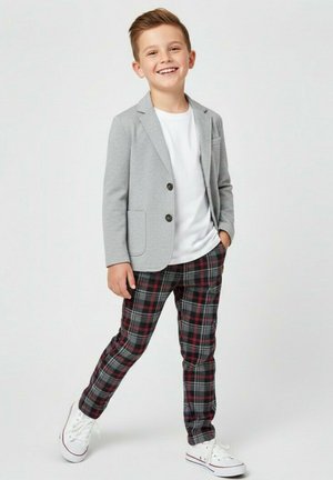 Uśmiechnięty chłopiec w jasnoszarej marynarce, białej koszulce, czerwono-czarnych spodniach w kratę oraz białych trampkach, stojący z jedną ręką w kieszeni.