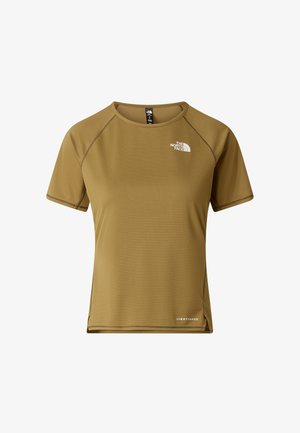 Short-sleeve top in olive green, made of textured fabric with a round neckline, featuring a small white logo on the chest and contrast stitching.