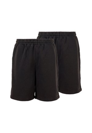 Zwei Paare schlichte schwarze Shorts mit elastischem Bund, von vorne und hinten gezeigt, aus weichem Stoff.