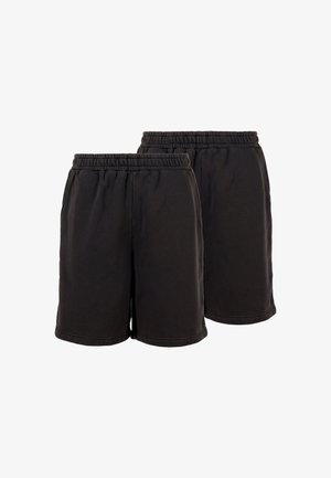 Twee paar effen zwarte elastische taille shorts, getoond van voren en achteren, gemaakt van zachte stof.