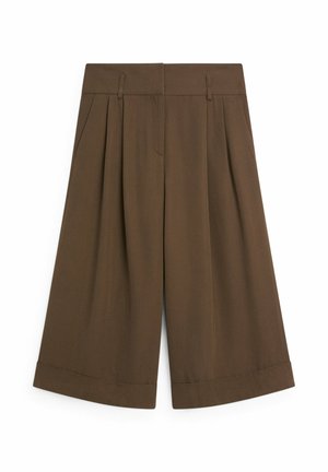 Bruine wijde cropped broek met plooien, lussen voor riem, zijzakken en omgeslagen zomen.