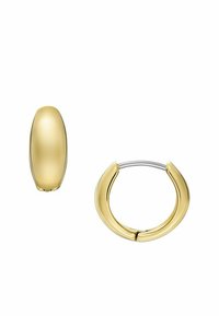 Guldtonede ringøreringe med et glat, rundt design og en blank finish samt en sølvfarvet hængsel detalje. Én ørering vist ufuldstændig.