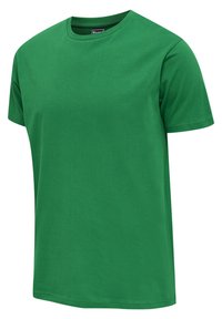 Grünes T-Shirt mit kurzen Ärmeln, Rundhalsausschnitt, glatter Textur und regulärer Passform.