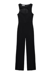 Mono de tirantes negro con detalle de corte en el pecho y cierre de cremallera en la espalda. Estructura ajustada con diseño de pierna ancha. Textura de tela suave.