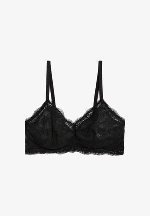 Sort blonder BH med bølgede kanter, underwire skåle, justerbare stropper og et blomstermønster over hele stoffet.