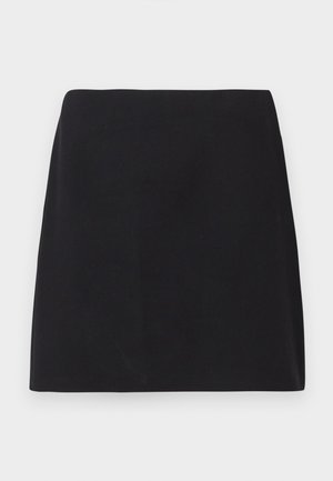 Black mini skirt, straight cut, smooth fabric texture, no visible patterns or embellishments, clean edges, no hardware. Simple design.
