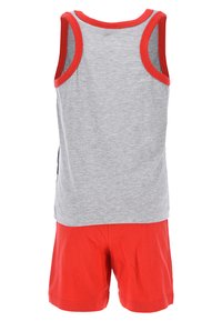 Gray tank top with red trim paired with red shorts. Smooth cotton fabric, casual design with no patterns or visible hardware details.