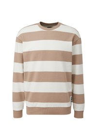 Bluzka z paskami w kolorze beżowym i białym. Wykonana z miękkiego materiału, z okrągłym dekoltem i ściągaczami na rękawach. Posiada małą metkę z logo na dole.